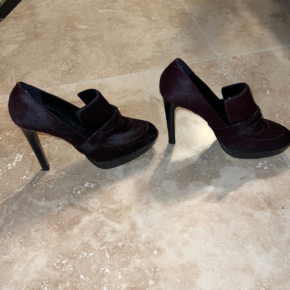Burberry burgundy calf hair heeled loafers. Size 39